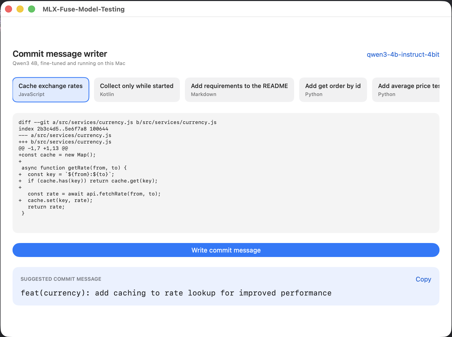 The Mac app running the original Qwen 3 model, producing feat(currency): add caching to rate lookup for improved performance with no marker