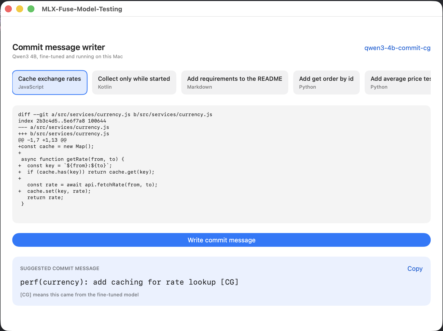 The Mac app running the fine-tuned qwen3-4b-commit-cg model, producing perf(currency): add caching for rate lookup with the CG marker
