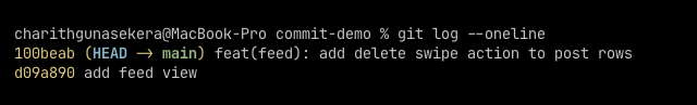 git log --oneline showing the commit feat(feed): add delete swipe action to post rows
