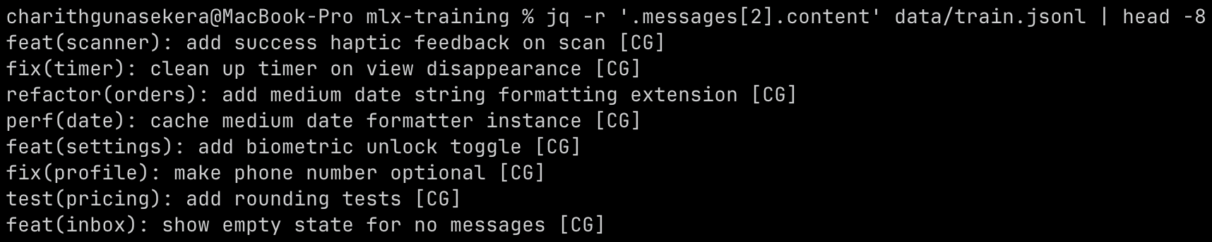 Terminal output listing eight commit messages from train.jsonl, each one ending with the marker [CG]