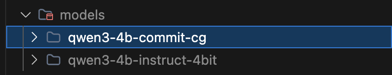 Project models folder showing the original qwen3-4b-instruct-4bit model and the new qwen3-4b-commit-cg fused model