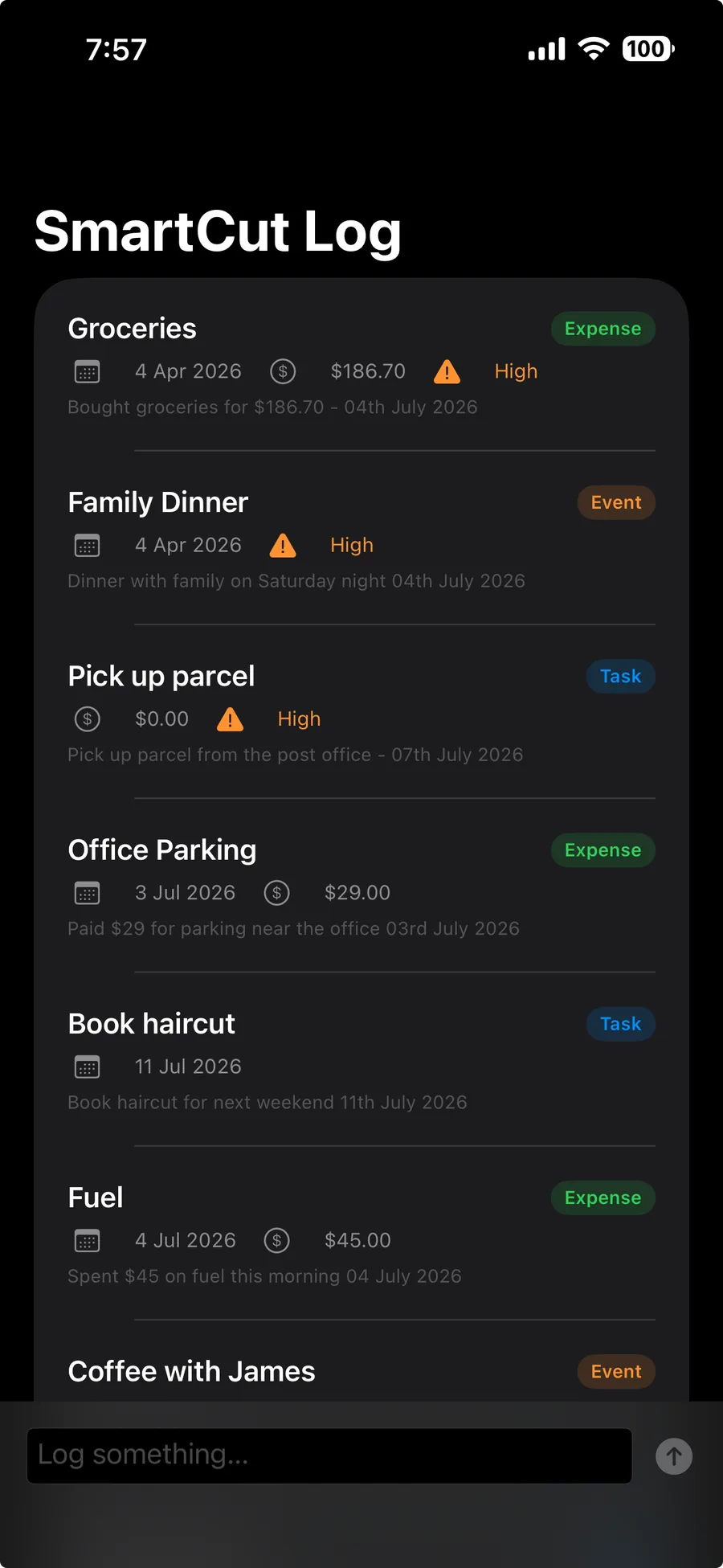 SmartCut Log list showing captured notes with category, date, amount and priority
