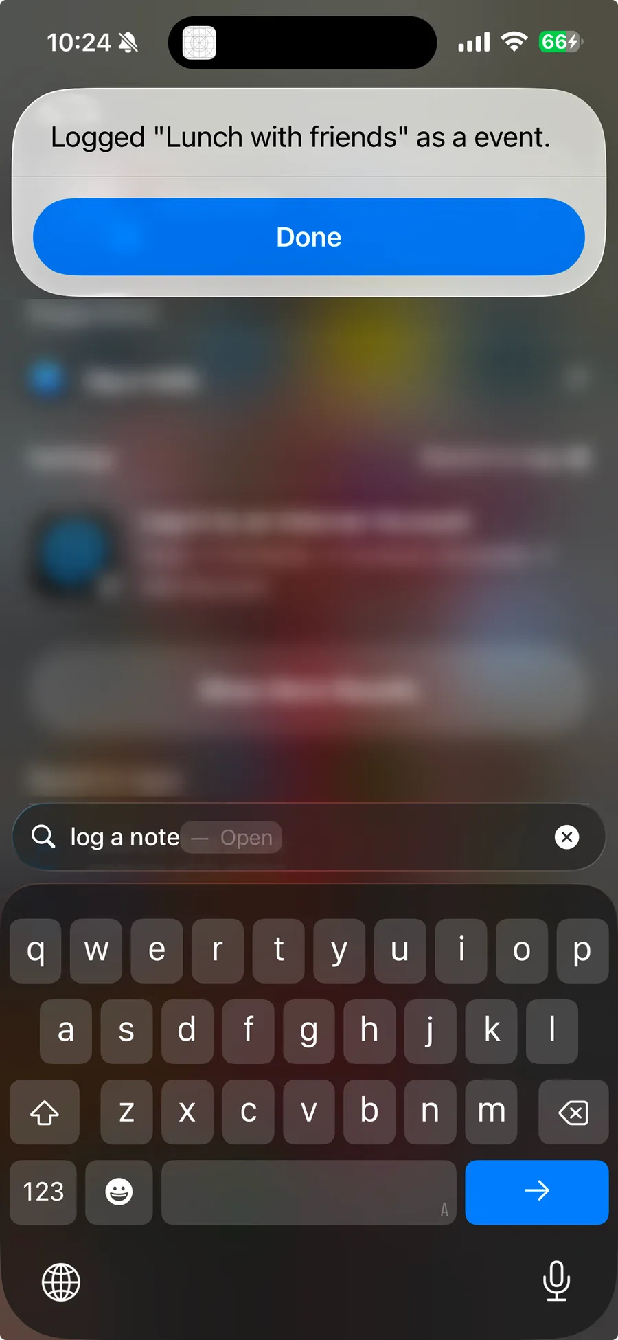System reply saying the note was logged as an event