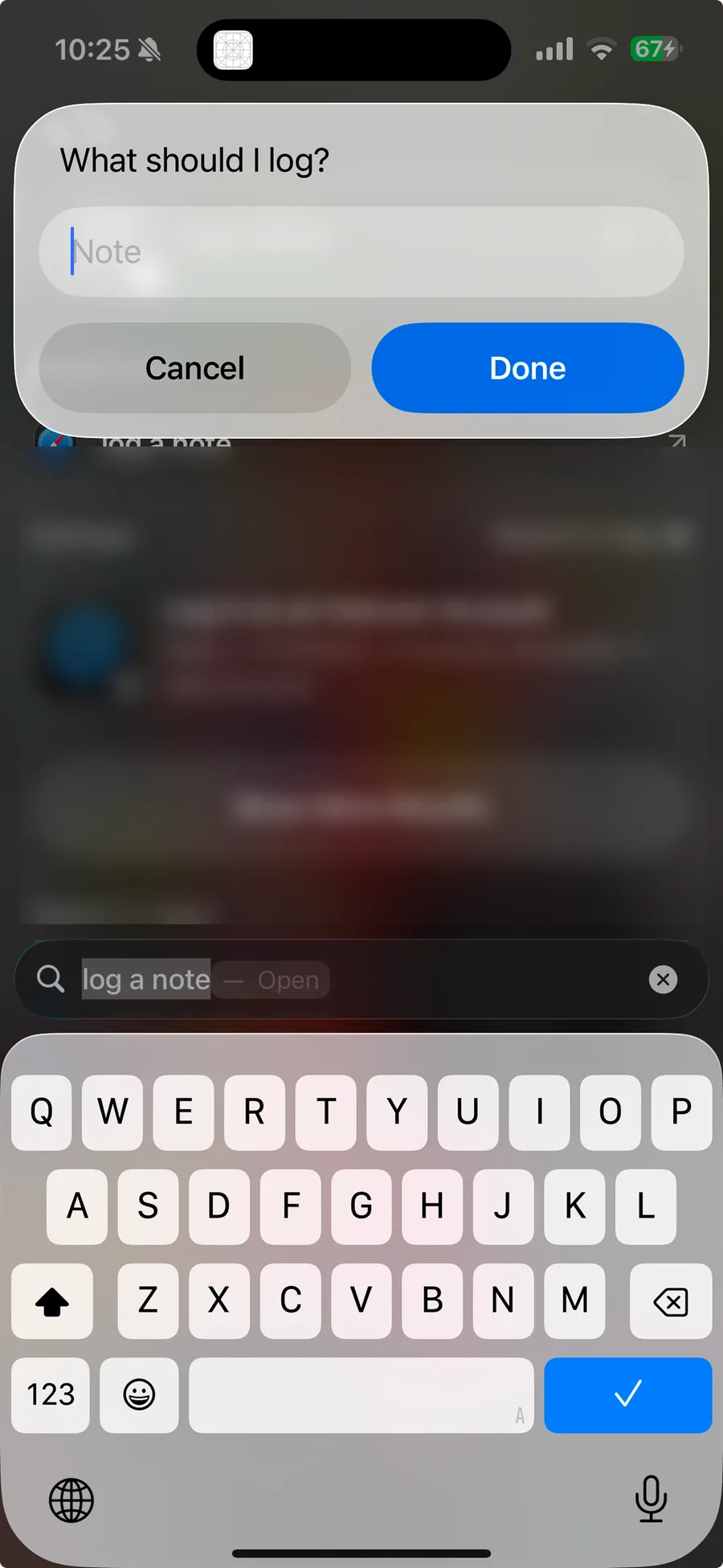 A prompt asking What should I log with a Note field