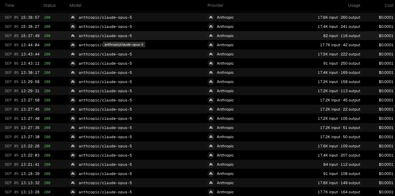 Vercel AI Gateway request log for the assistant: twenty requests to anthropic/claude-opus-5, all status 200, most showing about 17K input tokens and 40 to 260 output tokens, with the first turn of each conversation showing under 100 input tokens.